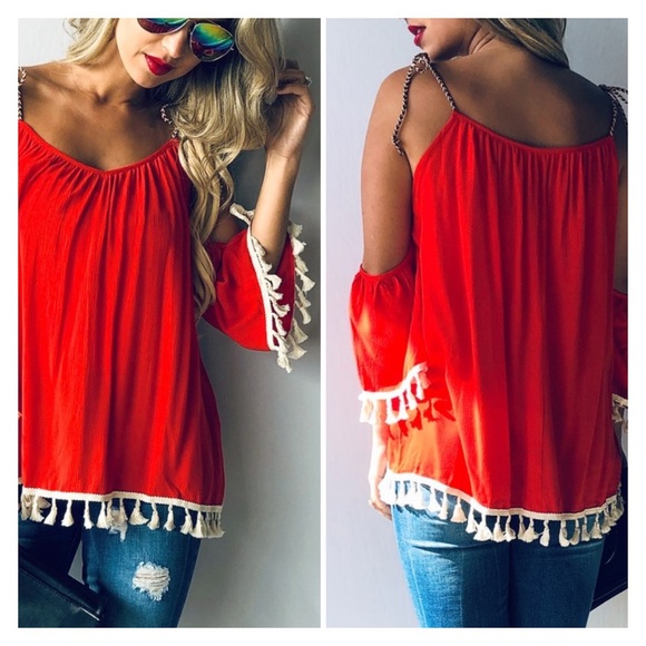 Red Tasseled Cold Shoulder Spaghetti Str… - Picture 4 of 4